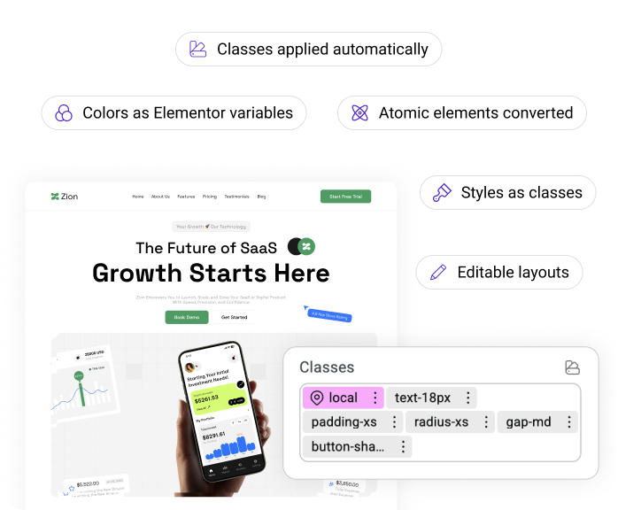 A converted page with the Elementor Classes panel showing text, padding, radius, gap and shadow classes already applied