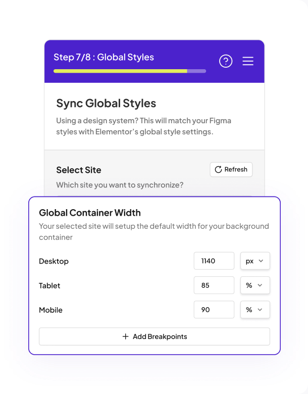 The Global Container Width panel with desktop, tablet and mobile width values