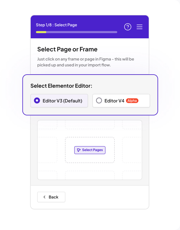 The UiChemy import flow on step 1, choosing between Editor V3 and Editor V4