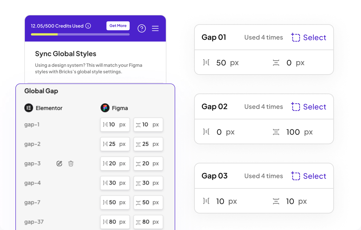 The Global Gap panel listing gap classes beside three gap presets with their row and column values